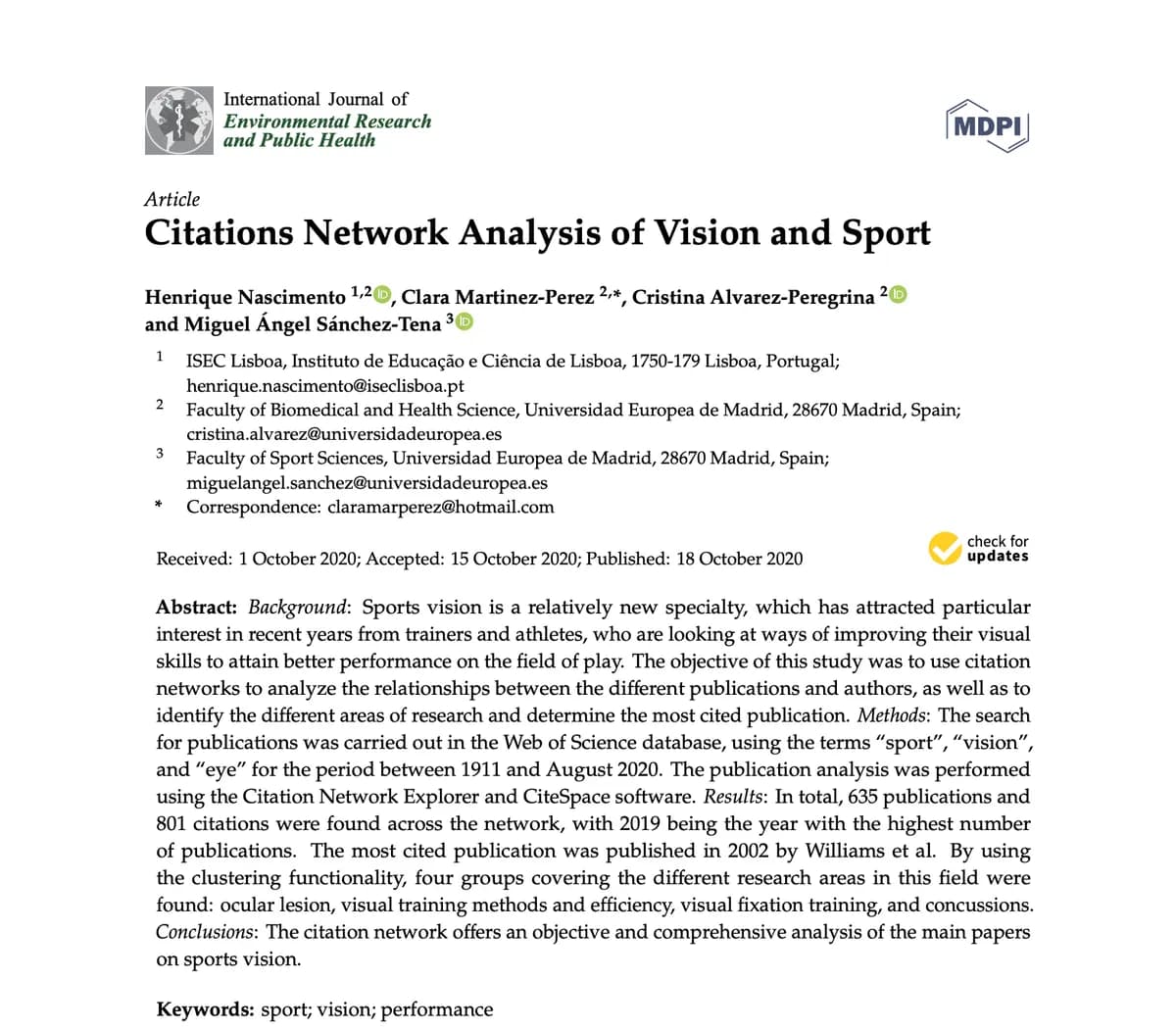 Citations Network Analysis of Vision and Sport