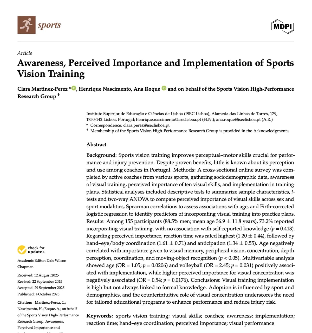 Awareness, Perceived Importance and Implementation of SportsVision Training