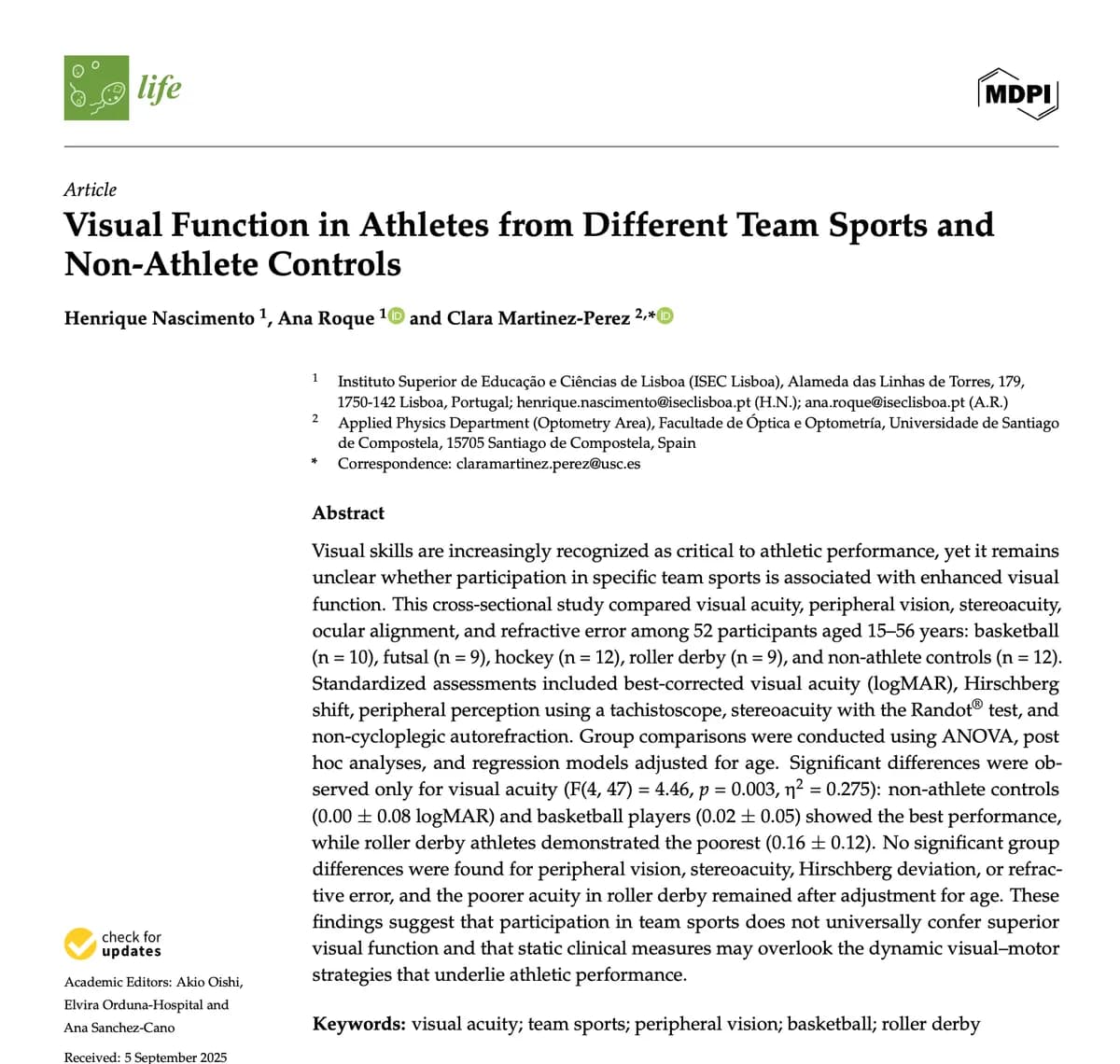 Visual Function in Athletes from Different Team Sports and Non-Athlete Controls