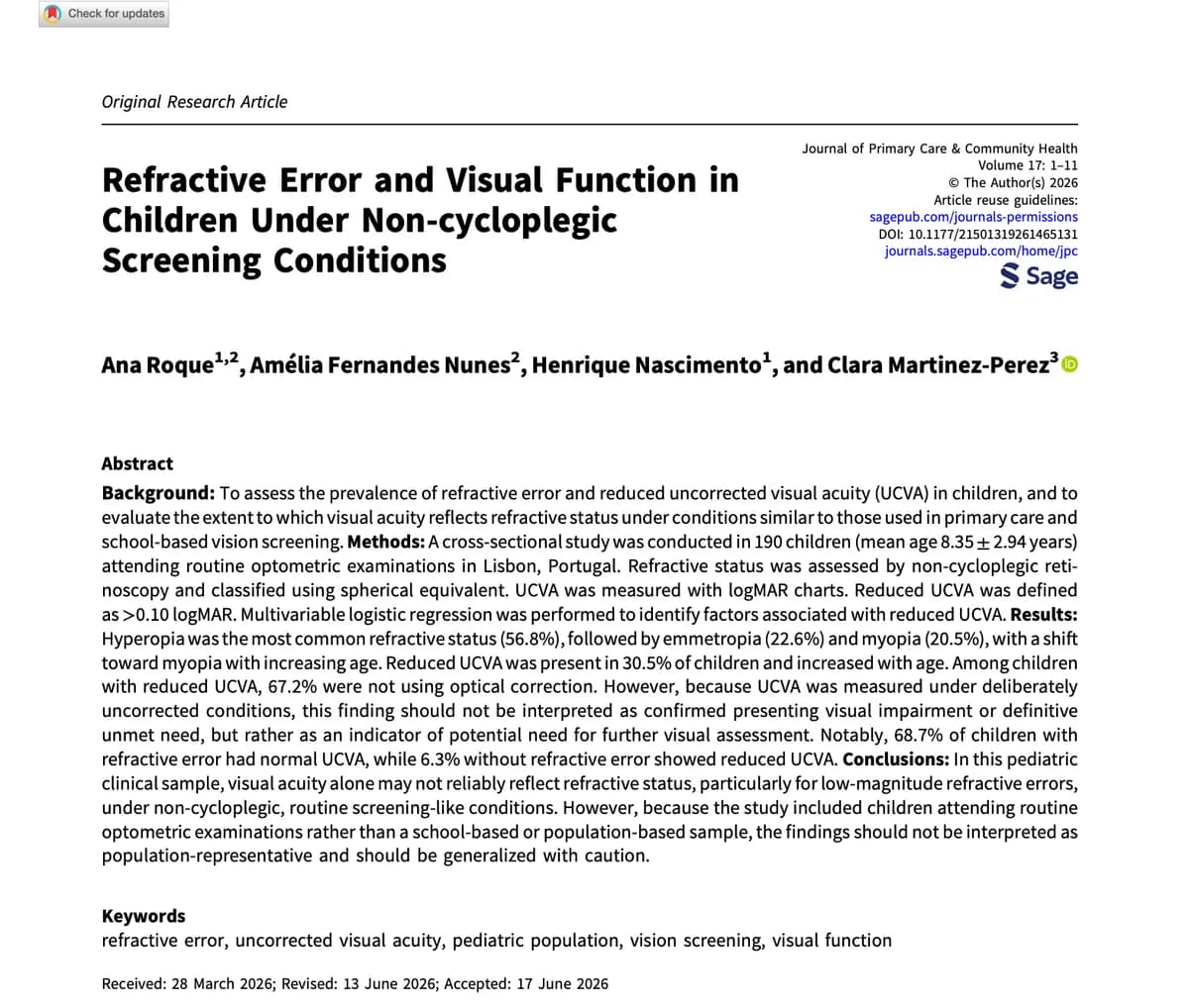 Refractive Error and Visual Function in Children Under Non-cycloplegic Screening Conditions