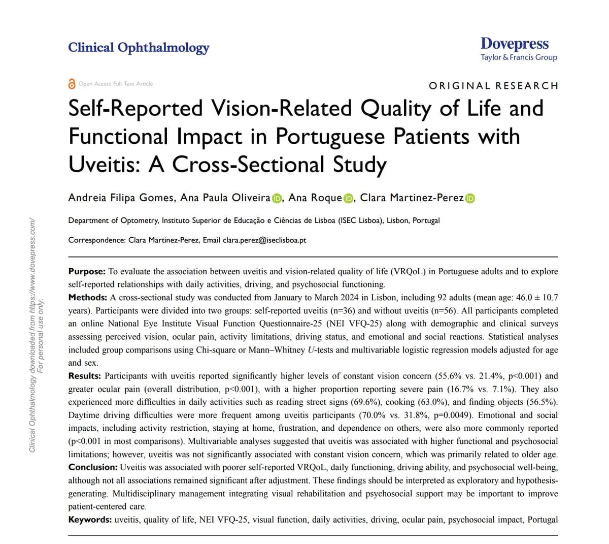Self-Reported Vision-Related Quality of Life and Functional Impact in Portuguese Patients with Uveitis: A Cross-Sectional Study
