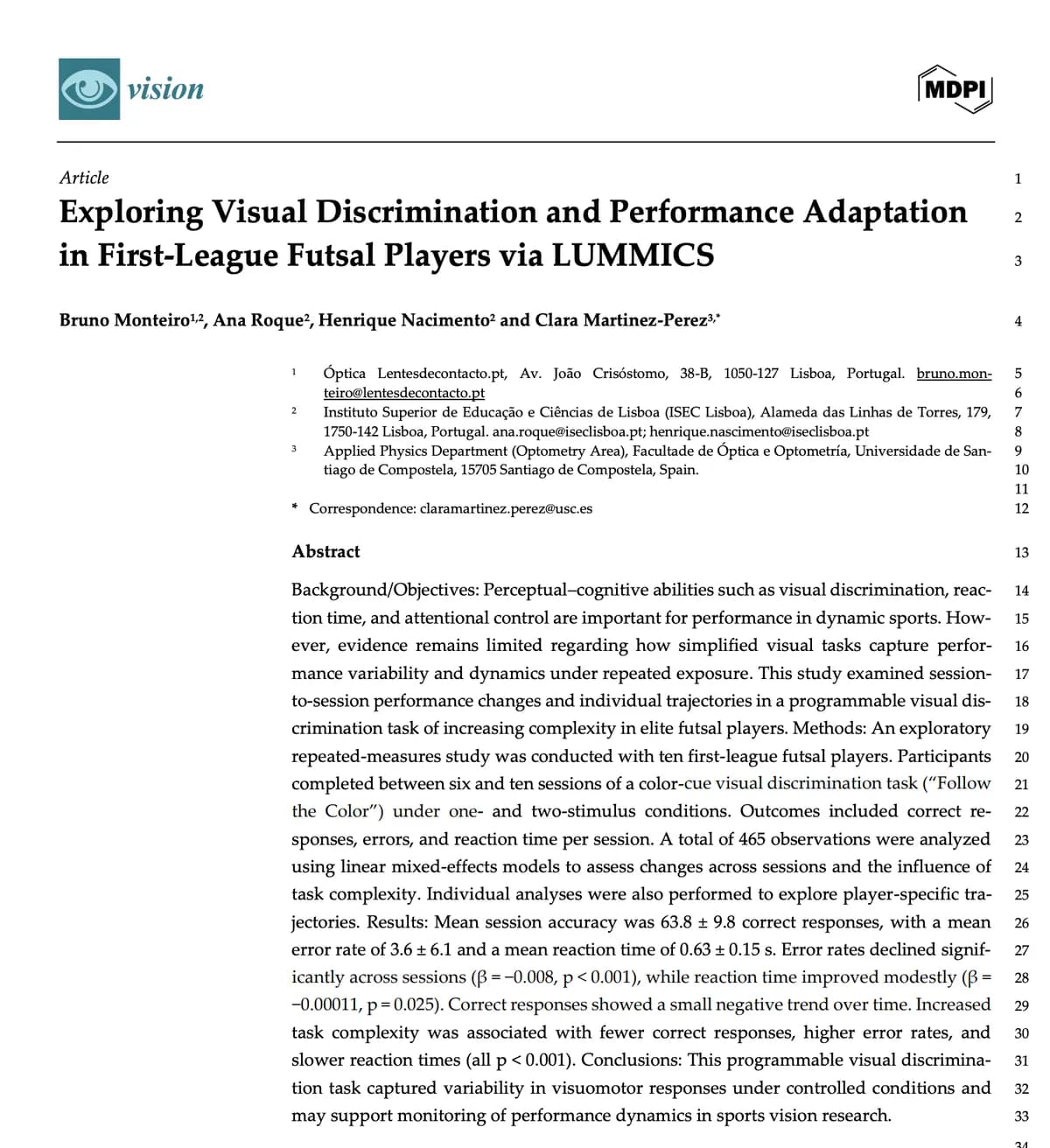 Explorando a Discriminação Visual e a Adaptação de Desempenho em Jogadores de Futsal da Primeira Divisão via LUMMICS